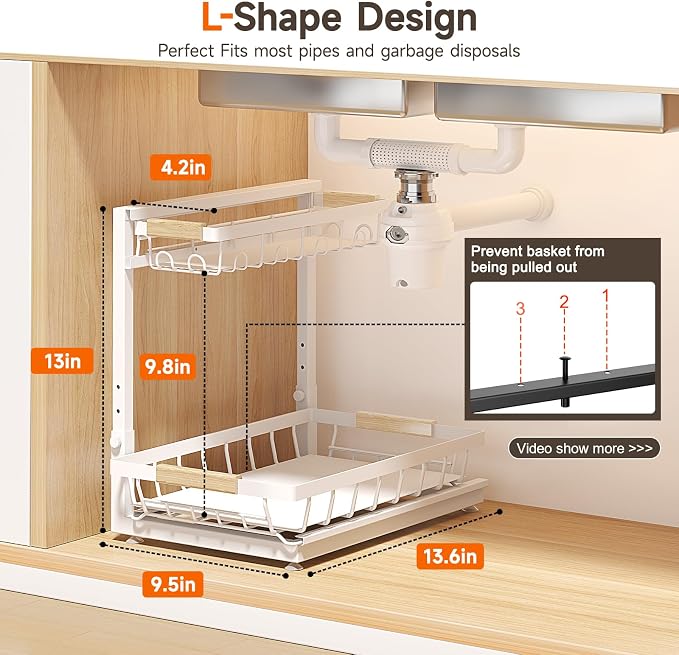 Sevenblue 2-Pack 2-Tier Height Adjustable Under Sink Organizer & Storage | Multi-purpose storage for kitchen & bathroom cabinet. Large white shelf, height adjustable design for space-saving.