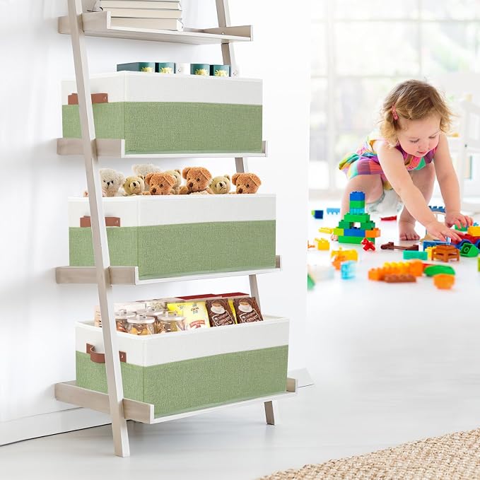 3 Pack Large Capacity Storage Bins Closet Organizer for Shelves | Fabric Closet Storage Baskets Boxes with Leather Handles for Organizing Clothes, Sheets, Jeans, Toys, Books (Green)