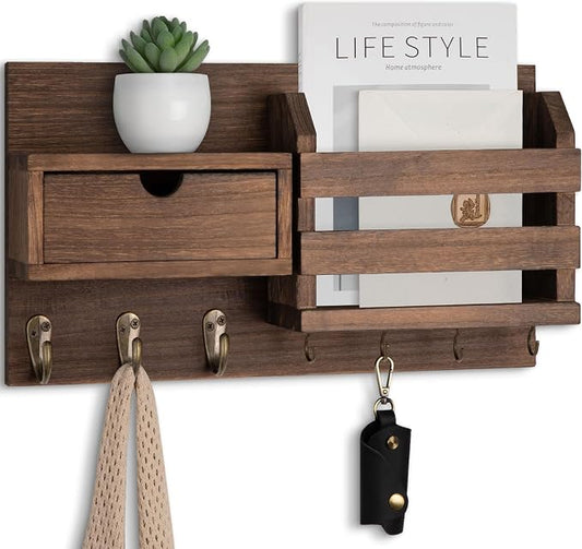 Lwenki Wall Mount Key Holder with Mail Organizer, 100% Paulownia Wood, 7 Metal Hooks, Storage Drawer, Entryway Home Decor (Brown)