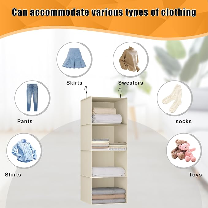 Hanging Closet Organizer 4-Shelf, Oxford Fabric Wardrobe Storage, Beige | Easy-mount foldable design holds clothes, handbags, shoes & accessories; washable Oxford fabric, sturdy and space-saving.