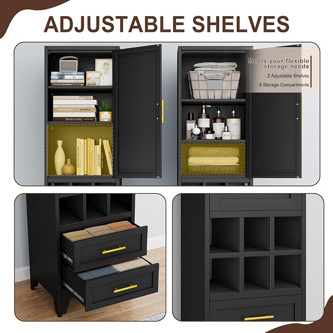 Tall Metal Narrow Storage Cabinet 67" H with 2 Drawer,Black Kitchen Pantry Cabinets with 2 Adjustable Shelves and Door,Cuby Storage Orgainzer,Tall Bathroom Cabinet for Kitchen, Home Office,Dining Room