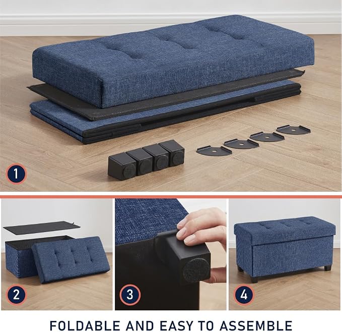 Ornavo Home 30" Large Storage Ottoman Bench with Legs, Navy Blue | Foot Rest Stool; Ottoman with Hidden Storage; Ideal for Bedroom, Living Room, Entryway or Home Office