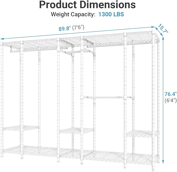 VIPEK V50 Closet Organizer System with Adjustable Shelves, White | 1300 Lb Capacity, Steel Frame, Adjustable Shelves, Open Closet with 4 Hanging Rods, for Bedroom, Apartment, Walk-In Closet