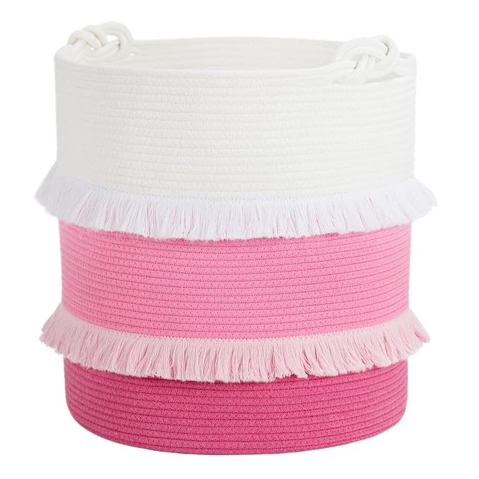 CherryNow 60L Woven Rope Baby Basket with Tassel, 17" x 16", Pink | Decorative Baby Laundry Basket for Blankets & Towels Storage, Fits Girls' Living Room & Nursery Decor, with Knotted Handles