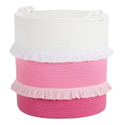 CherryNow 60L Woven Rope Baby Basket with Tassel, 17" x 16", Pink | Decorative Baby Laundry Basket for Blankets & Towels Storage, Fits Girls' Living Room & Nursery Decor, with Knotted Handles