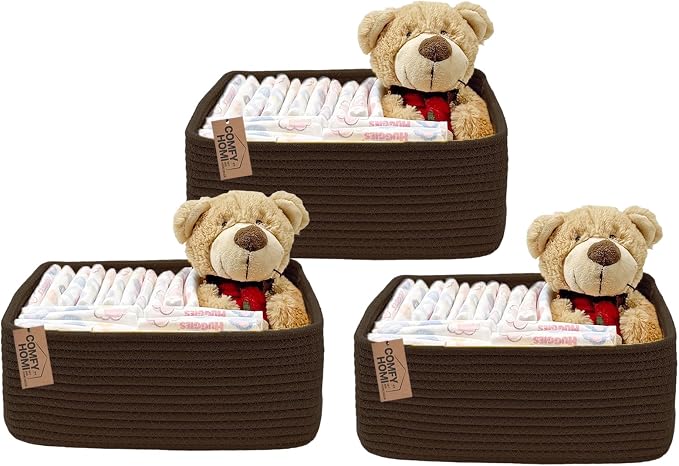COMFY HOMI 11.5"x7.5"x4.7" Storage Baskets for Organizing | Cotton Rope Woven Basket | Toy Storage Bin Box | Basket for Shelves, Closet Organizer Bin, Decorative Closet Shelf, 3 Pack,