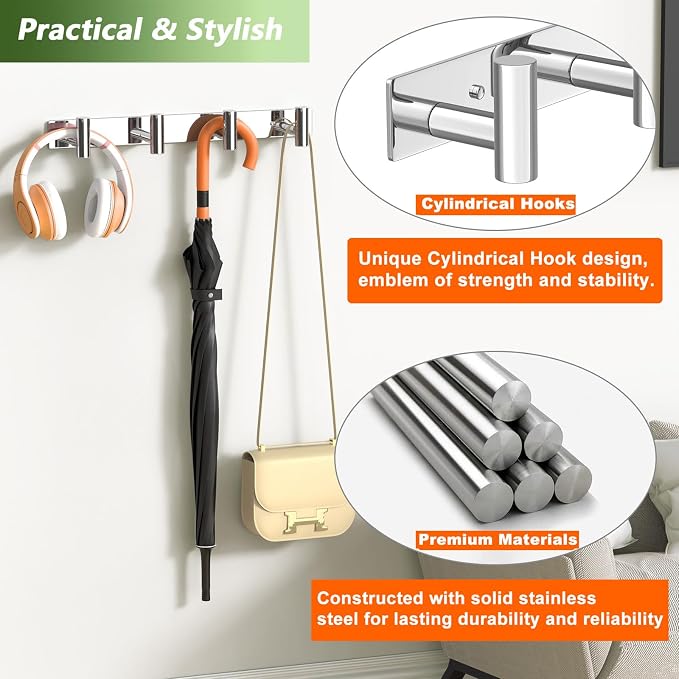 Wall Mounted Coat Rack-4 Hooks, Heavy Duty Stainless Steel Wall Hooks for Towel Coat Bag, Hat Rack Hanger Coat Hooks Towel Racks for Bathroom Entryway Kitchen Hotel (Glossy Chrome, 1 Pack)
