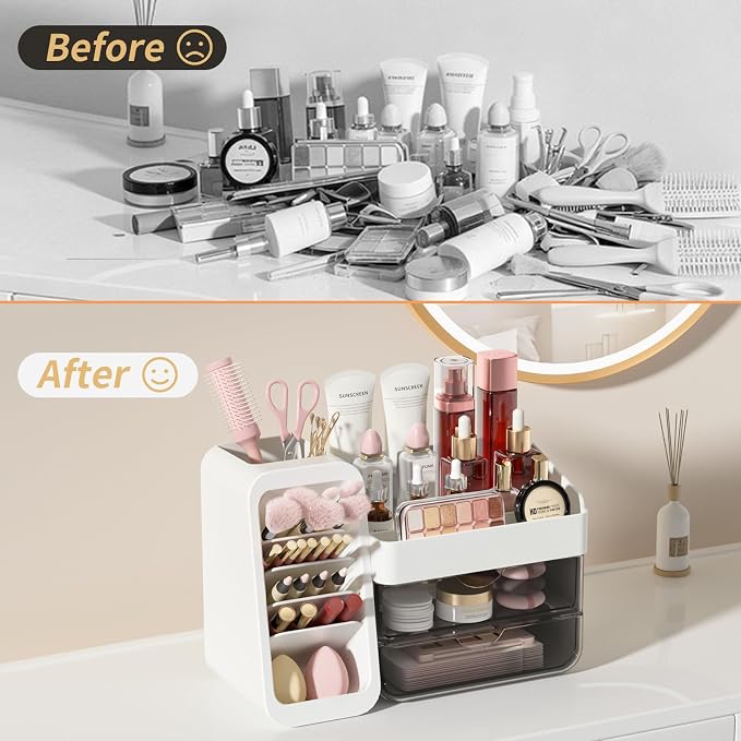 Makeup Organizer Countertop with DIY Adjustable Brush Holder for Vanity | Thickened Material, Large Bathroom Organizer Skincare Storage for Perfume, Lipstick, Nail Polish, Eyeshadow Palettes, White
