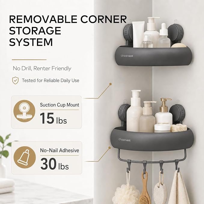 Corner Shower Caddy Suction Cup, Removable Shower Organizer Shelf | 2 Pack, Rustproof Aluminum, Includes Hooks&Hanging Bar, 2 Installation Ways, Wall-Mounted Bathroom Organizer Storage Shelves