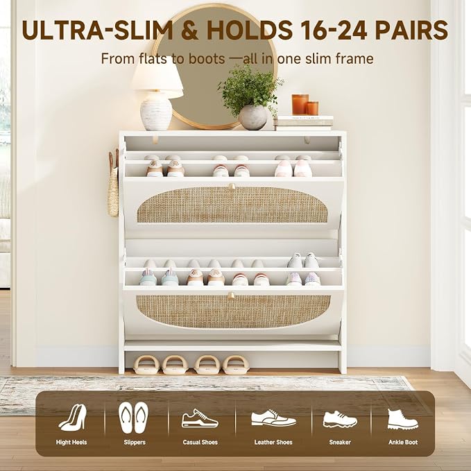 Nicetree Shoe Cabinet Storage for Entryway Slim 9.5" Freestanding Floor Base Shoe Storage Cabinet, 2 Flip Drawers with 3-Position Adjustable Divider, Holds 16-24 Pairs, Cream White