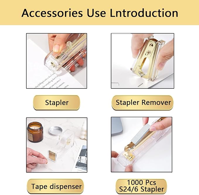 suniya Office Supplies Gold Desk Accessories Set Office Supplies Kit with Stapler, Tape Dispenser, Scissors, Staple Remover, Ballpoint Pen, Clear Tape & Staples – Best Gift for Business or Boss