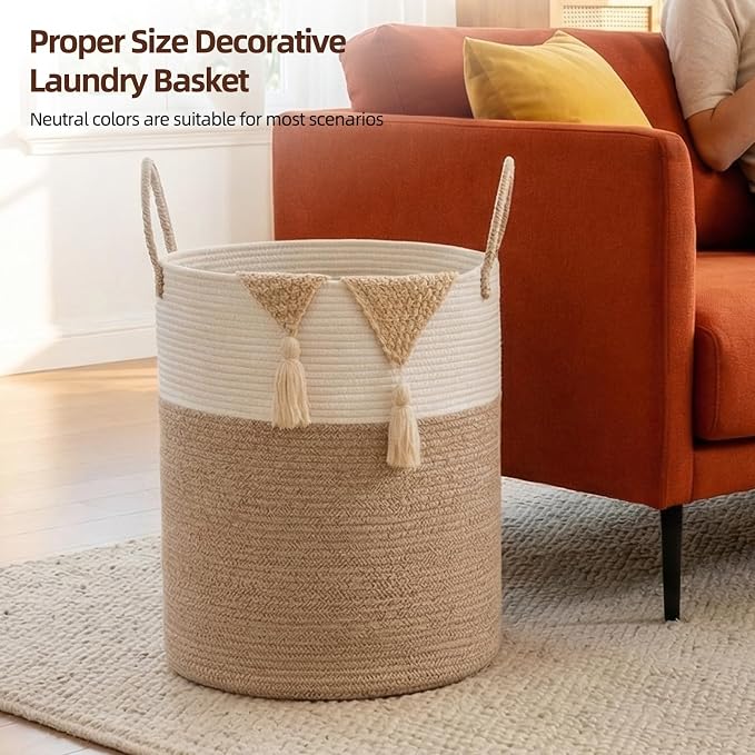 OIAHOMY Large Laundry Basket Hamper - 60L Cotton Rope Woven Basket for Blankets, Toys, Clothes - Tall Decorative Nursery Hamper with Long Handles, Brown/White