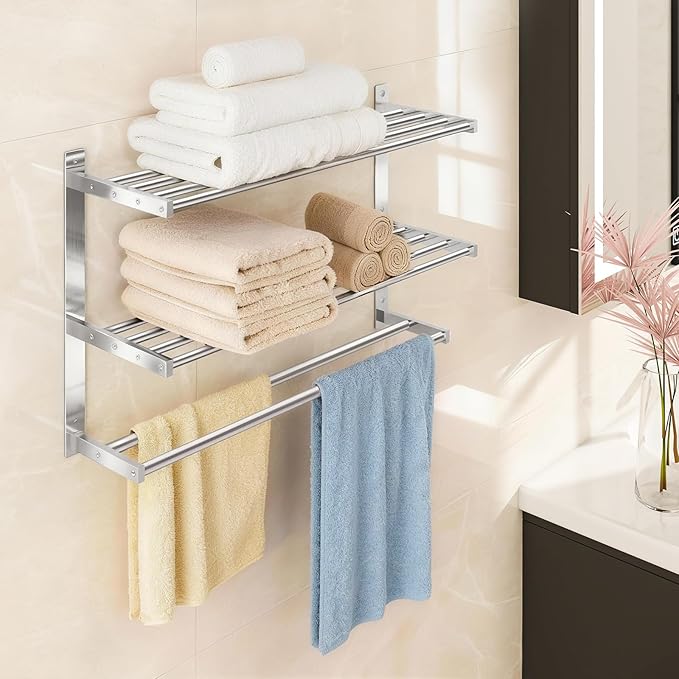 Taaji Towel Rack with Shelf 24 inch Double Towel Bars, Brushed Nickel | 3 Tier Towel Racks for Bathroom, Stainless Steel Bathroom Shelf with Hotel Bath Towels Storage, Wall Mounted