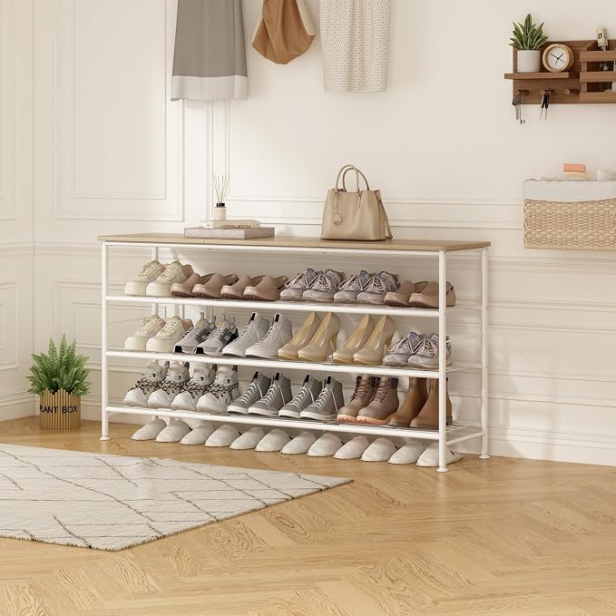 SUOERNUO 4 Tier Extra Long Shoe Rack Organizer Storage for Closet Entryway | Large Capacity Shelf,MDF Top Board,Sturdy Metal Frame,Ideal for Living Room,Hallway White