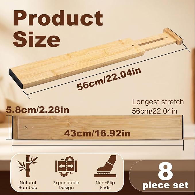 Joyeee Kitchen Drawer Dividers 8 Pack, 16.9-22" Adjustable Bamboo Drawer Organizer, 2.28" High Expandable Utensils Separators for Closet, Dresser, Bathroom, Bedroom