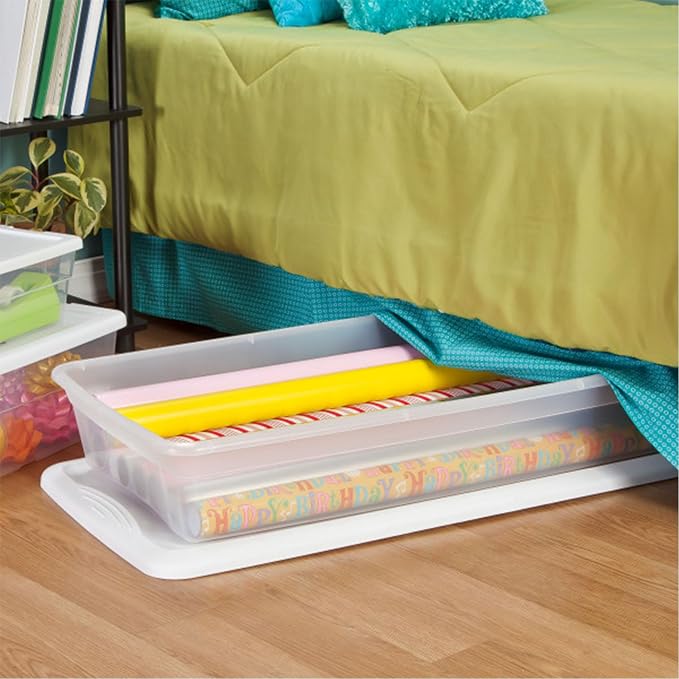 Sterilite 18 Pack Storage Box, 41 Quart Stackable Tote, Clear Plastic Container with Secure Snapping Lids for Home and Office Organization, White