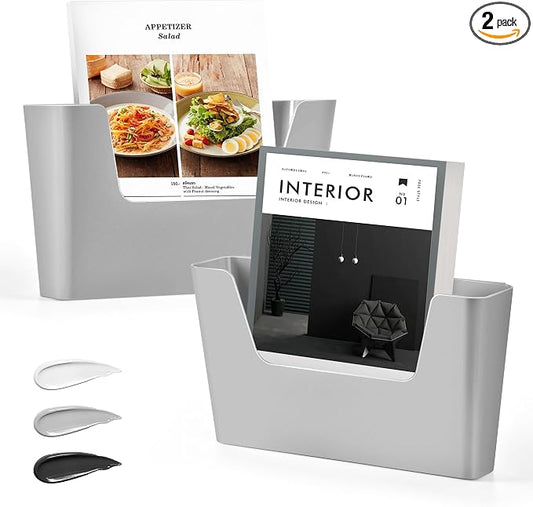 JOMOLA No Drilling File Holder 2 Pack Mail Organizer Wall Mount File Organizer Holder Office Wall Hanging Files Magazines Organizer Plastic Door Mount Wall Pocket with Adhesive Pad, Grey Color