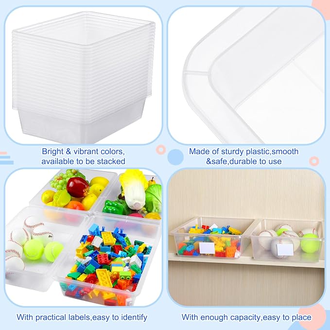 24 Pack Classroom Cubby Storage Bins Plastic Stackable Storage Bins with Labels Cubby Organizer Containers for Classroom School Toy Book Organization(14 x 10 x 3 Inch,Clear)