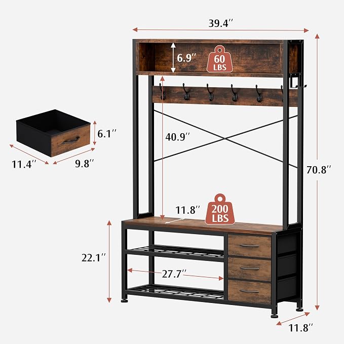 Hall Tree with Bench and 3 Drawers Storage, 39.4" Coat Rack Freestanding
