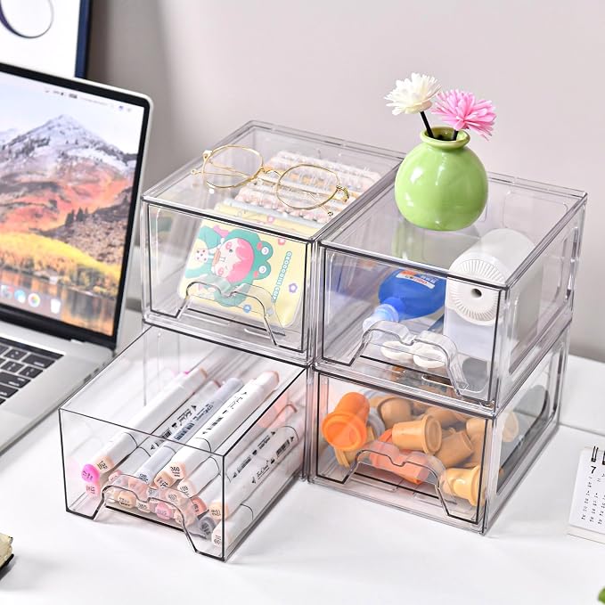 6 Pack Stackable Storage Drawers,Makeup Organizer with Pull-out Drawer | 4.4'' Tall, Acrylic Clear Plastic Storage Bins for Vanity,Pantry,Desk,Undersink,Kitchen,Bathroom