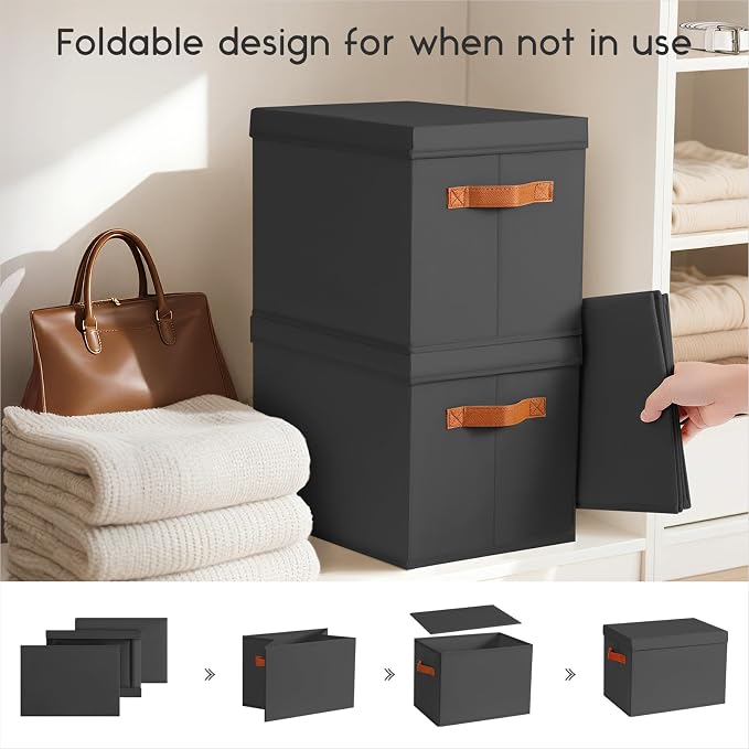 Homsorout Storage Bins with Lids - Fabric Storage Baskets for Shelves, 4 Pack Foldable Decorative Boxes with Handles, Stackable Organizer Bins for Home, Nursery, Dorm, Black