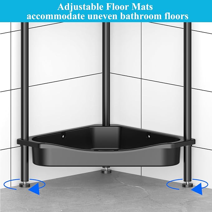 HuggieGems 4 Tier Floor Standing Corner Shower Caddy Organizer Shelf with Hooks, Bathroom Shelves Stand Rack, Jet Black