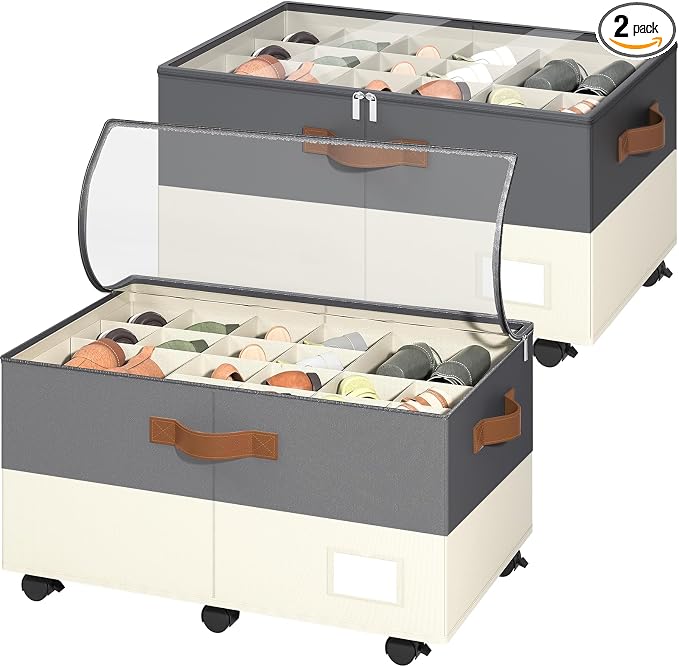 Foyego 2 Pack Shoe Organizer for Closet, with Wheels, Beige and Grey | Fits 48 Pairs, with Adjustable Dividers and Clear Cover, Saving Space Foldable Fabric Closet Shoe Storage Organizer Box Bins