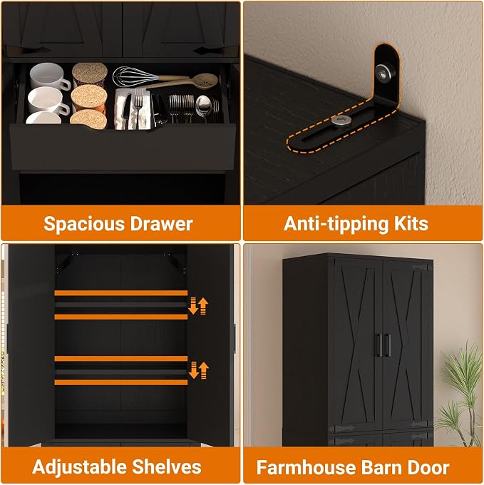 Unikito Black 71" Tall Kitchen Pantry Cabinet, Hidden Drawer and Farmhouse Barn Doors, 4 Adjustable Shelves, Freestanding Cupboard for Kitchen, Dining Room, Living Room, Utility Room