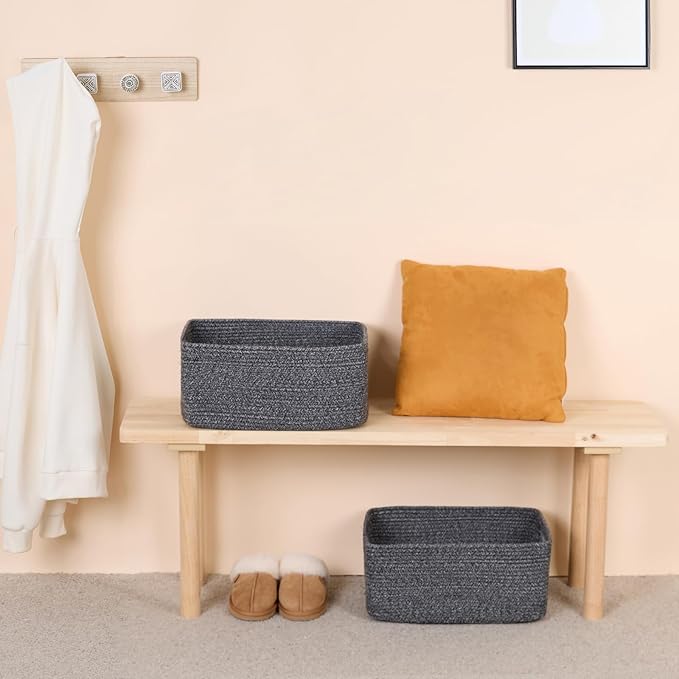 MiniArk Large Storage Baskets for Organizing, 17 x 13 x 7.5” Closet Shelf Baskets for Clothes Blanket Towels, Baby Nursery, Toy Bins Box, Woven Rope Baskets, 4 Packs Dark Gray
