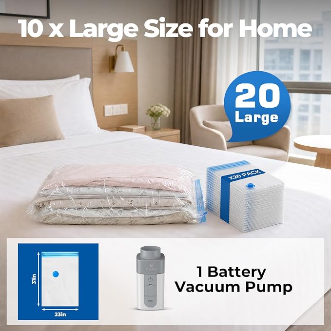 ETENWOLF 20 Large Vacuum Storage Bags for Travel with Wireless Pump | Vacuum Seal Bags for Clothing Travel, Compression Packing Bags for Clothes and Blankets, Space Saver Bags in Carry-On Sizes
