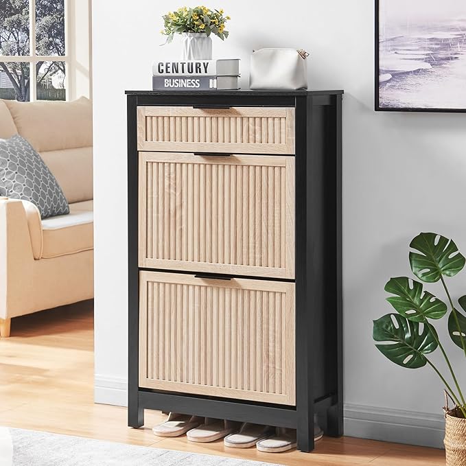 2-Flip Drawer Shoe Cabinet Narrow Entryway Rack, Oak&Black | Vertical Wood Grain, Metal Handles, Adjustable Compartments, Removable Shelf, Anti-Tip Device, for Hallway Foyer Entryway