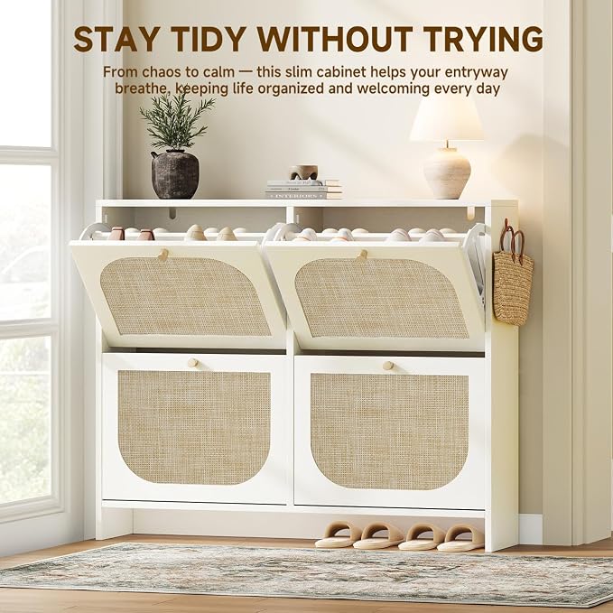 Nicetree Freestanding Ultra Slim Arched Rattan Accent Shoe Storage Cabinet for Entryway - 4 Flip Drawers & 3-Tier Adjustable Shelves, Farmhouse Modern Rustic Shoe Rack for Hallway Foyer,Cloud White