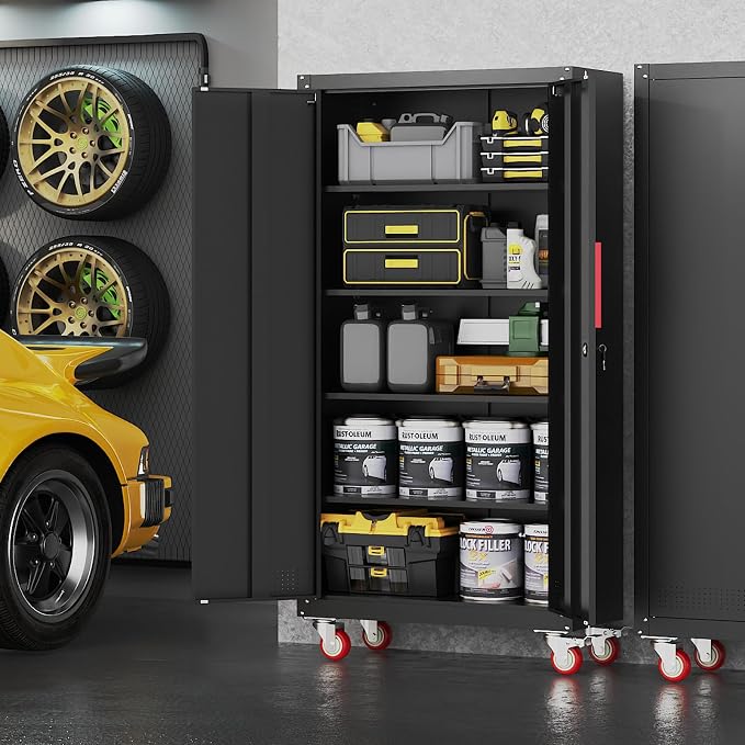 Metal Storage Cabinet with Wheels,71"Garage Cabinets with Lock Door | Heavy-Duty Garage Tool Cabinet with 4 Adjustable Shelves,Garage Cabinet and Storage System for Garage,Home Workshop & Office