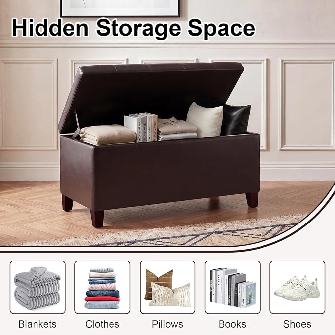 Storage Ottoman Bench, 33" Faux Leather Upholstered End of Bed Bench with Safety Hinge,Wooden Legs,for Entryway Bedroom Living Room,Chocolate Brown