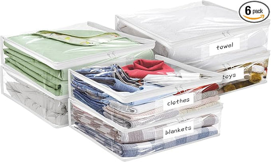 Kikerike Plastic Storage Bags with Easy-Glide Zipper, Pack of 6, Durable Clear Vinyl Zippered Storage Bags for Clothes Sweaters Comforters Blankets Sheets Bedding (15.7 x 13.8 x 2.5 Inch, White)