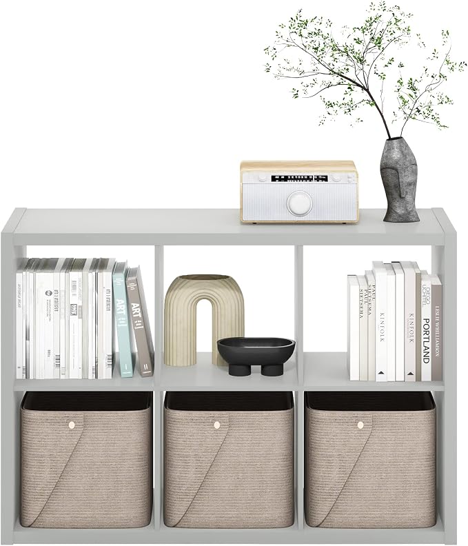 Furinno CUBICLE 6-Cube Book Shelf, Extra Thick Frame Bookshelf, Light Grey | 14.6" x 44" x 30", Horizontally & Vertically Reversible Bookcase with Open Back, for Living Room, Bedroom, Home Office