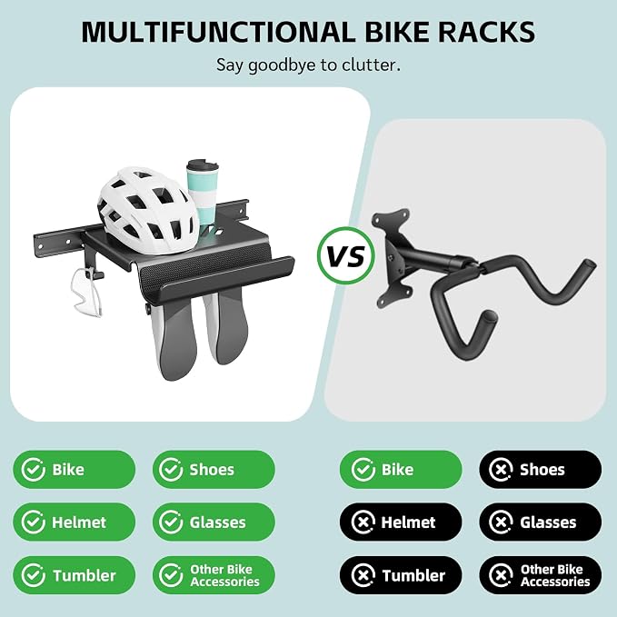 Bike Wall Mount Rack with Shelf and Hooks Saving space | Store Your Helmet and Shoes,Indoor Bike Storage Garage for a Single Road, Mountain or Other Bicycle,Fit Crank Bicycle
