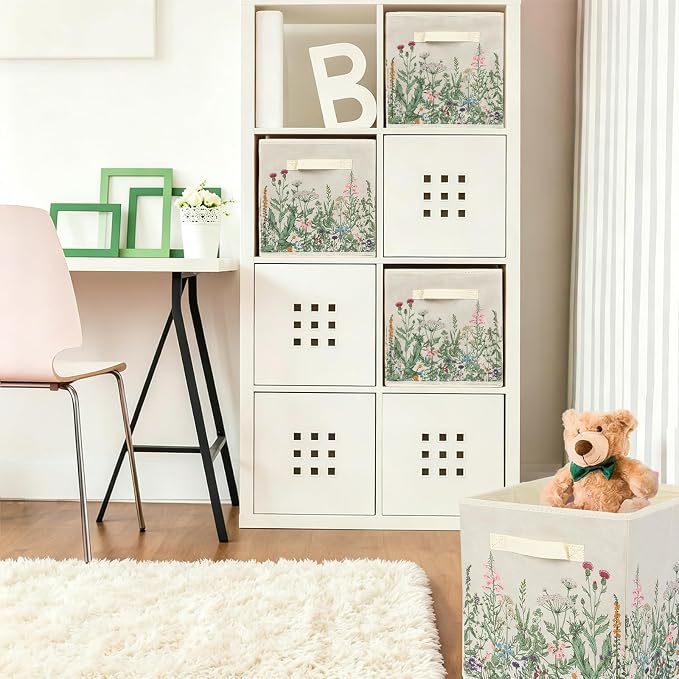 6 Pcs Wild Floral Cube Storage Bins 12.5 Inch Flower Storage Basket with Handle, Beige Collapsible Fabric Box for Classroom Bedrooms Office Home Decoration