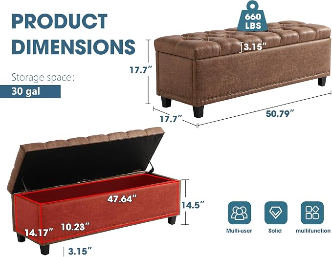 Grepatio 51" Ottoman Storage Benches, 30 Gallons End of Bed Storage Bench, Large Rectangular Ottoman, Button-Tufted Ottomans with Storage for Living Room Bedroom, Foot of Bed (Brown)