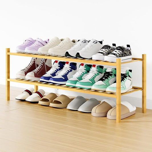 Smiry Bamboo Shoe Rack, 12 Vertical Slats, 2 Tier - 33.7" Wide, Natural | Stackable Free Standing Wooden Shoe Organizer, Wood Shoe Storage Shelf for Closet, Entryway