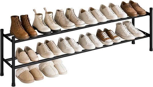 STORAGE MANIAC Long Expandable Shoe Rack, 12 Pairs Metal Wide Stackable Shoe Rack, Adjustable Shoes Shelf, Freestanding Shoes Organizer for Closet, Entryway, Hallway, Garage, Front Door, 2 Tiers
