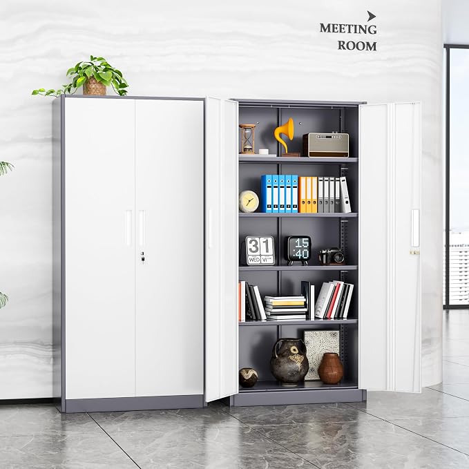 INTERGREAT Metal Storage Cabinet, 72” H Storage Cabinet with Doors and Adjustable Shelves for Office, Home, Garage, Pantry (Assembly Required, Grey White)