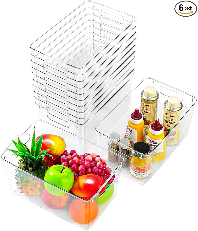 Freebat 12 Pack Pantry Organization and Storage,Clear Plastic Storage Bins | Large, Cabinet Organizer, Clear Plastic Storage Containers with Handle,Acrylic Storage Bins for Cabinet, Fridge