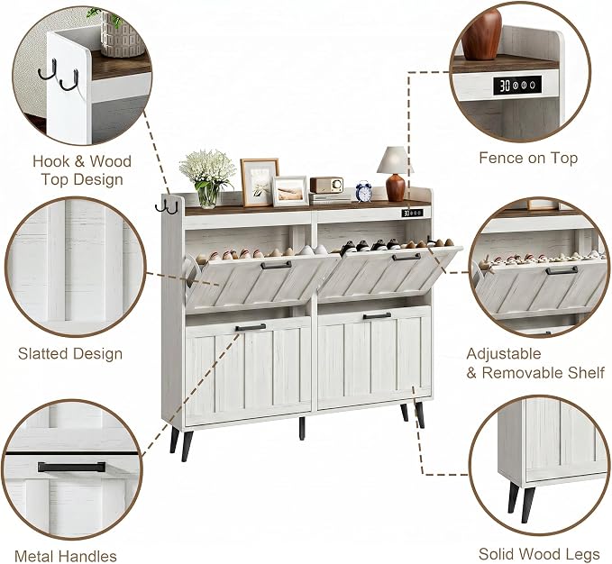 ChooChoo Shoe Storage Cabinet with 4 Flip Drawers and Deodorizer | Shoe Organizer Storage for Entryway, Freestanding Hidden Slim Narrow Shoe Rack Cabinet, Antique White & Brown