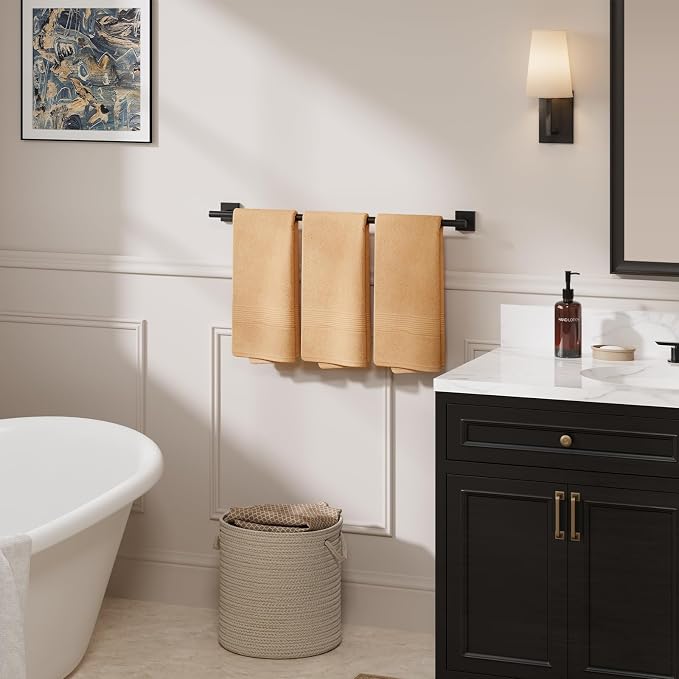 Matte Black Bath Towel Bar, 30 Inch Towel Racks for Bathroom | Thicken 304 Stainless Steel Towel Holder with Square Base, Towel Rod Wall Mounted, Modern Home Decor (Total Length 32 Inch)