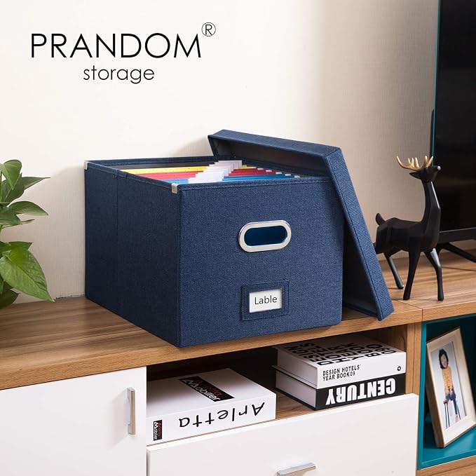 File Organizer Box - Set of 1 Collapsible Decorative Linen Filing Storage Hanging File Folders with Lids Office Cabinet Letter/Legal Size Navy Blue (17x14x11.2 inch)