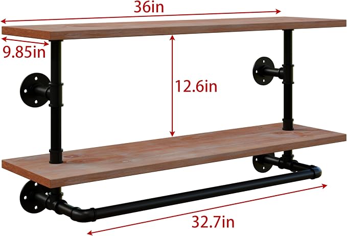 Clothes Rack 36in, 2 Tier Wall Mounted Garment Rack with Real Wood Shelf, Heavy Duty Hanging Clothes Rack, Multi-Purpose Hanging Rod, Space-Saving Closet Storage