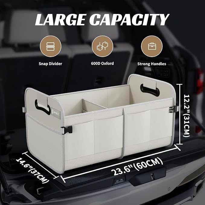 Sposuit Trunk Organizer for Car - 70L Collapsible Sturdy Car Storage, White | 11 Pockets & Reinforced Handles, Large Capacity, SUV Trunk Organizers for Grocery Cargo, Non-Slip Bottom