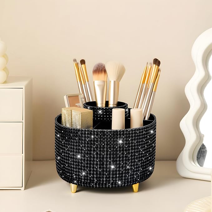 Diesisa Bling Diamond 360° Makeup Brush Holder Organizer, Rotating Makeup Brush Organizer,5 Slot Make up Brushes Cup for Cosmetics, Vanity Desktop Organizer, Gift for Women Teen Girls- Diamond Black