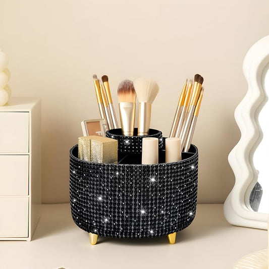 Diesisa Bling Diamond 360° Makeup Brush Holder Organizer, Rotating Makeup Brush Organizer,5 Slot Make up Brushes Cup for Cosmetics, Vanity Desktop Organizer, Gift for Women Teen Girls- Diamond Black